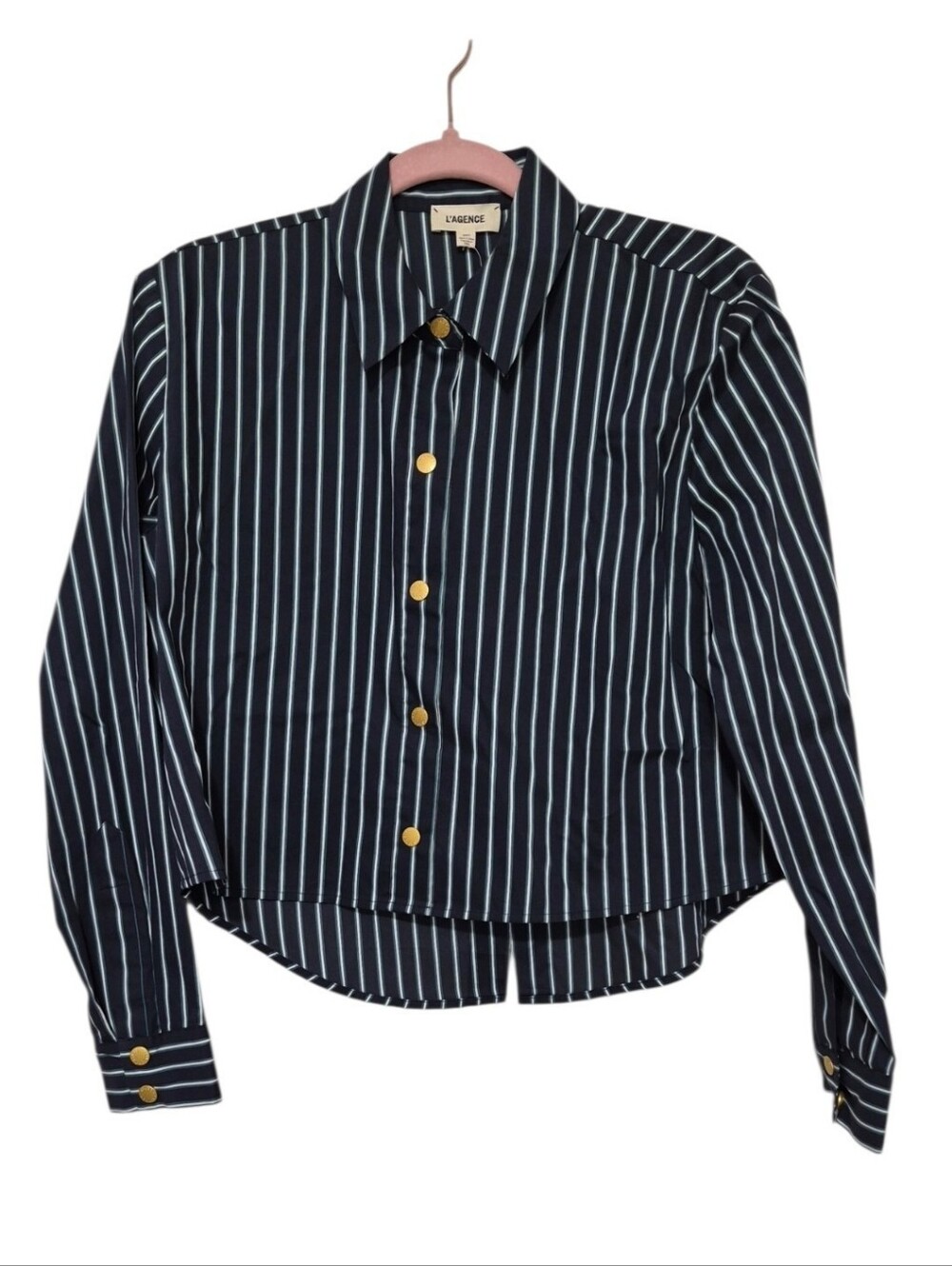 L'AGENCE Cosette Crop Hi Low Shirt XS Midnight Bottle Green Stripe